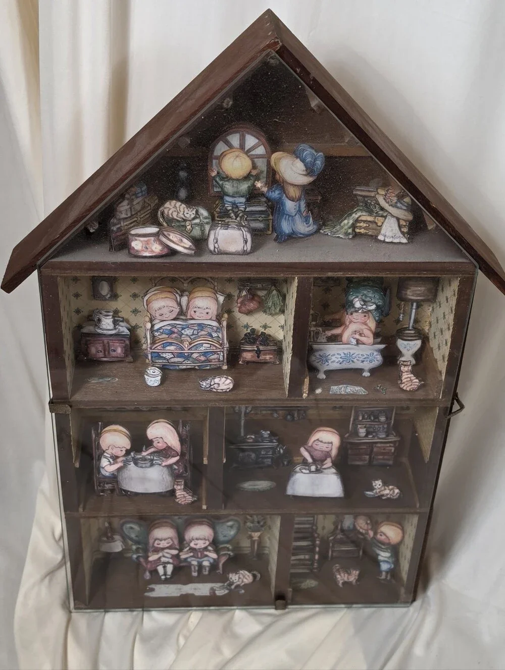 Vintage Holly Hobbie Style 3D Decoupage Wooden Dollhouse Shadow Box Diorama